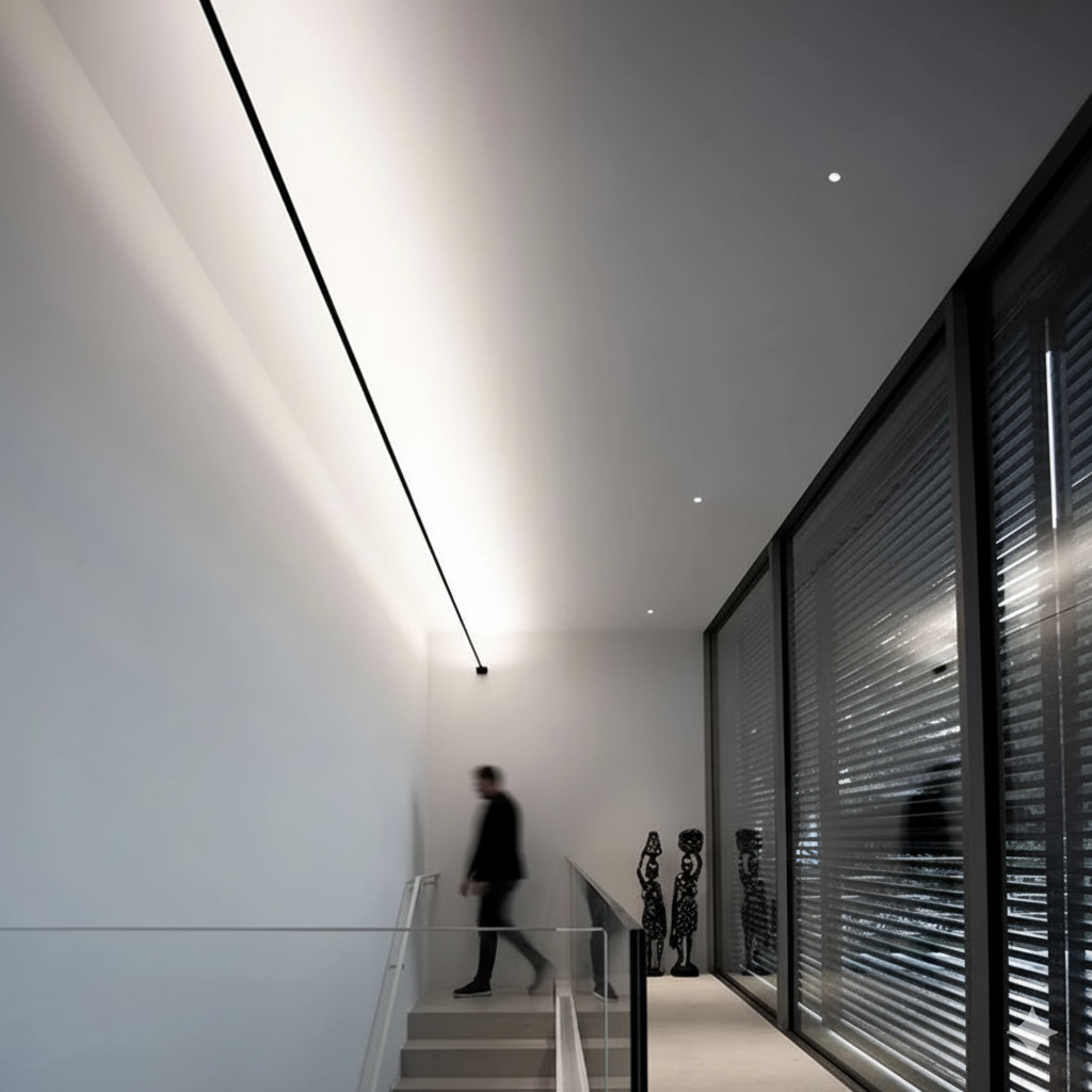 Domus Collective A Stream of Light Suspension Light in matte black creating refined ambient illumination along a contemporary stairwell with sculptural presence.