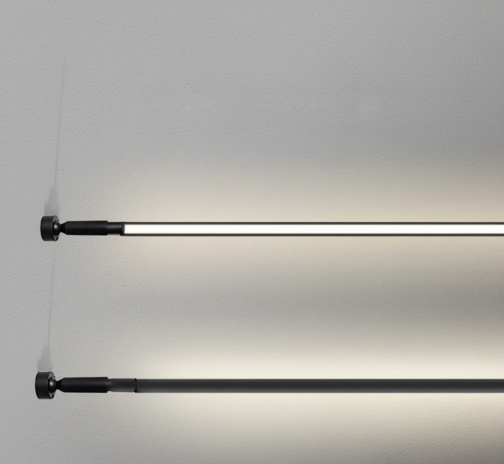 Detail view of A Stream of Light Suspension Light showing matte black wall mounts and parallel LED tubes with warm directional glow, enduring quality by Domus Collective.