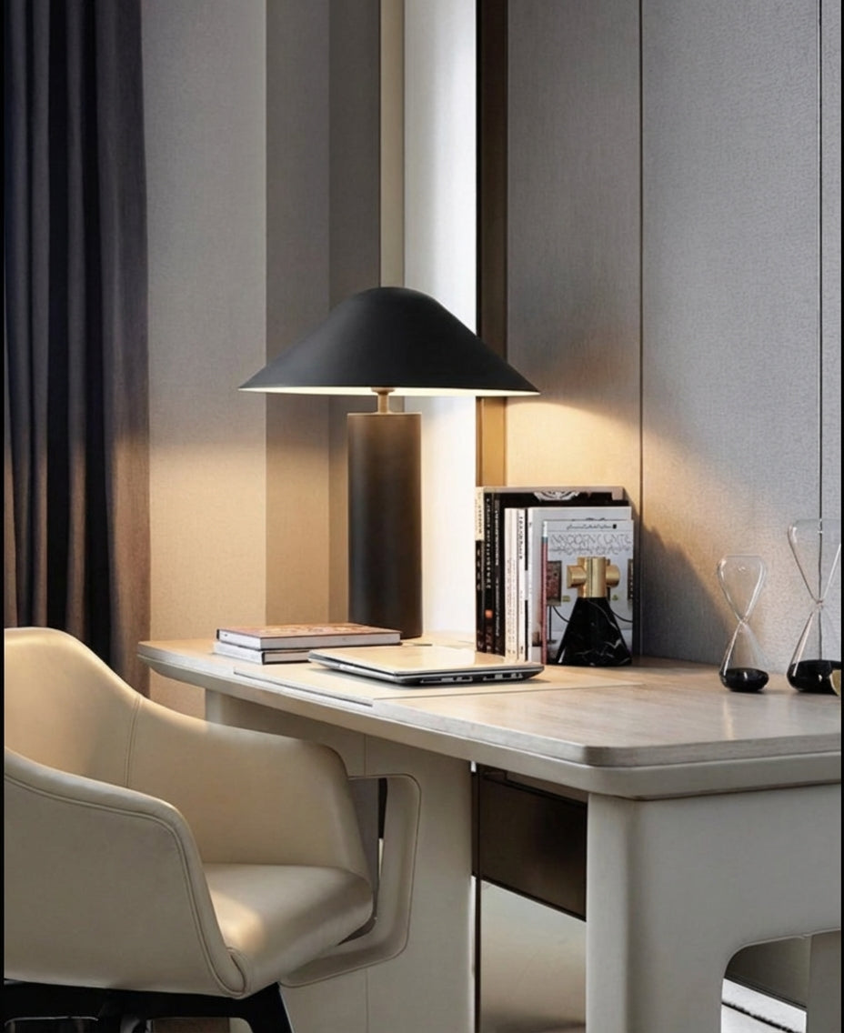 Asymetra Table Lamp with graduated bronze-to-black finish and wide asymmetric shade, providing elegant task lighting for a luxury home office workspace by Domus Collective.