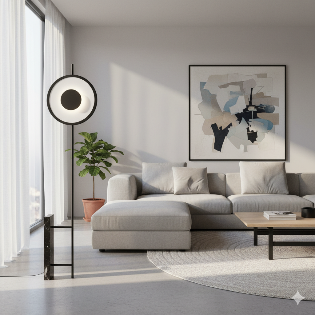 Aura Abstraction Floor Lamp by Domus Collective with circular luminous diffuser and sleek black aluminum frame creating serene ambient glow in minimalist living room, sculptural lighting for contemporary Australian interiors.
