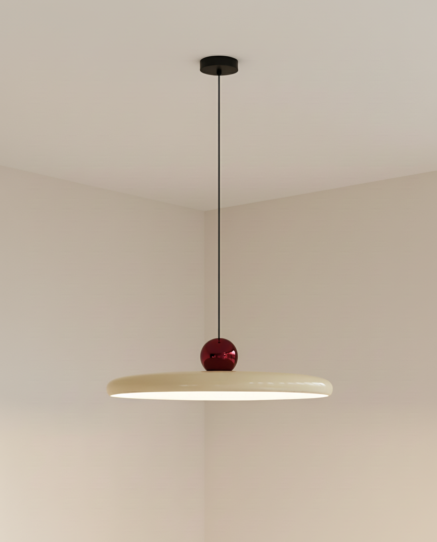 Simplified cord-hung Cirra Pendant Light in cream gloss with contrasting burgundy chrome sphere accent, showcasing the streamlined installation option for contemporary dining and kitchen spaces.