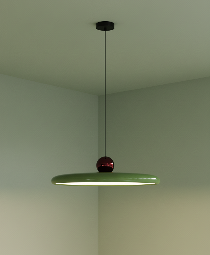 Cirra Pendant Light in vibrant sage green gloss finish with deep red chrome sphere detail, suspended on simple black cord for bold color statement lighting by Domus Collective.