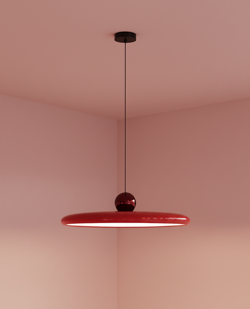 Cirra Pendant Light in rich cherry red gloss with matching polished sphere accent, demonstrating the striking monochromatic color option and iconic 1960s-inspired silhouette for retro-modern interiors.