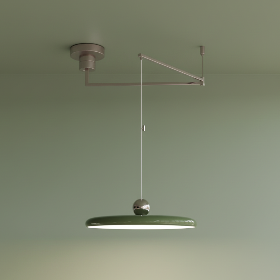 Cirra Pendant Light in sage green gloss finish with polished chrome sphere and sculptural swing arm mounting system, bringing 1960s-inspired elegance to contemporary interiors by Domus Collective.