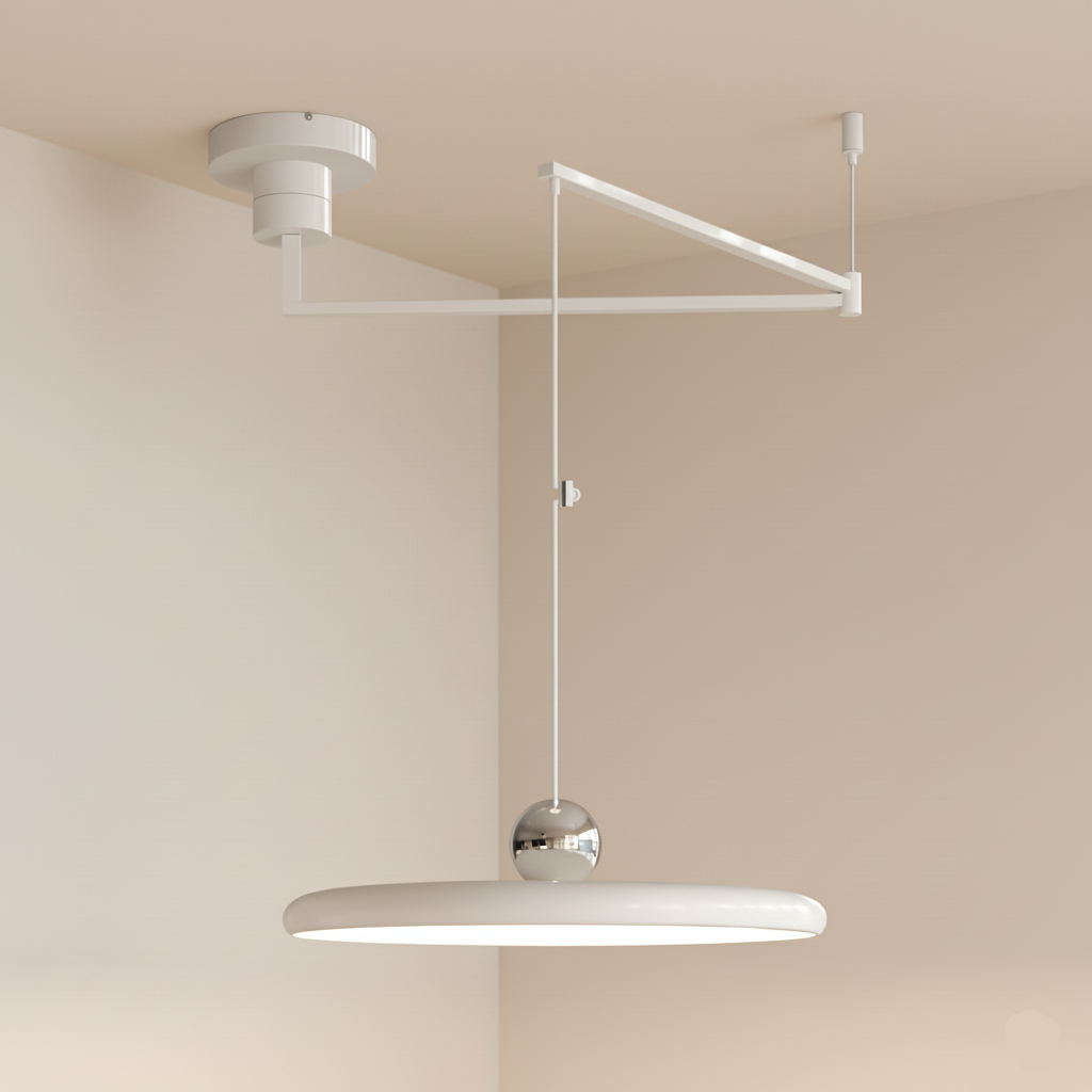 Designer ceiling pendant in pure white gloss with chrome ball accent suspended from geometric arm bracket, the Cirra Pendant Light delivers diffused LED illumination for modern dining spaces.