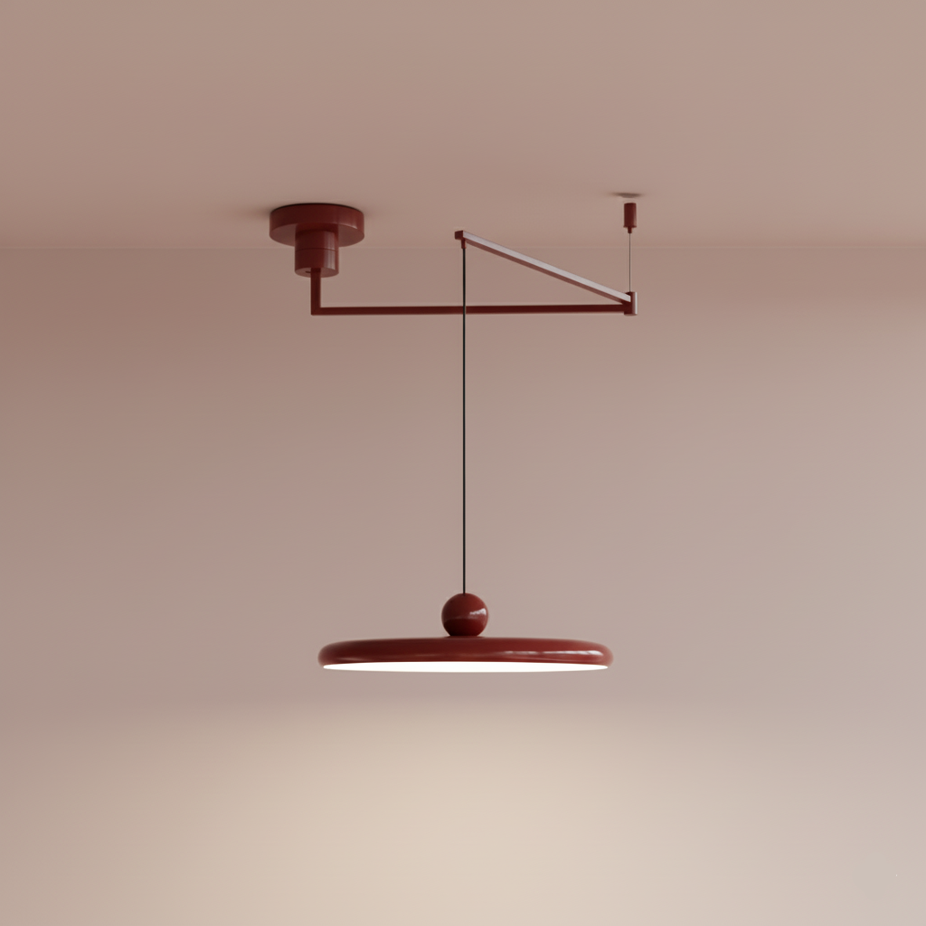 Cirra Pendant Light in deep  red gloss finish with matching sphere accent and architectural ceiling arm, showcasing the retro-chic circular disc design by Domus Collective.