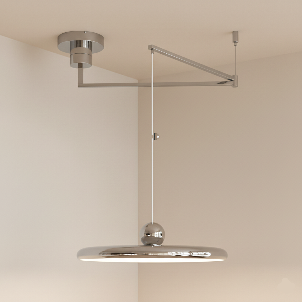 Polished chrome Cirra Pendant Light featuring reflective disc shade with matching metallic sphere detail and swing arm mount, adding sophisticated mid-century glamour to contemporary interiors.