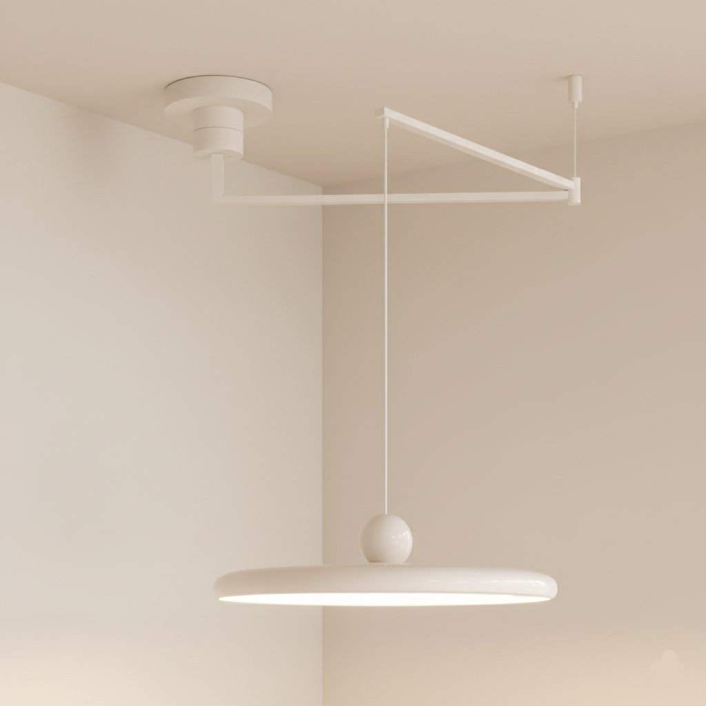 Cirra Pendant Light in warm cream white gloss with matching sphere accent and angular ceiling bracket, demonstrating the clean minimalist profile and soft diffused illumination by Domus Collective.