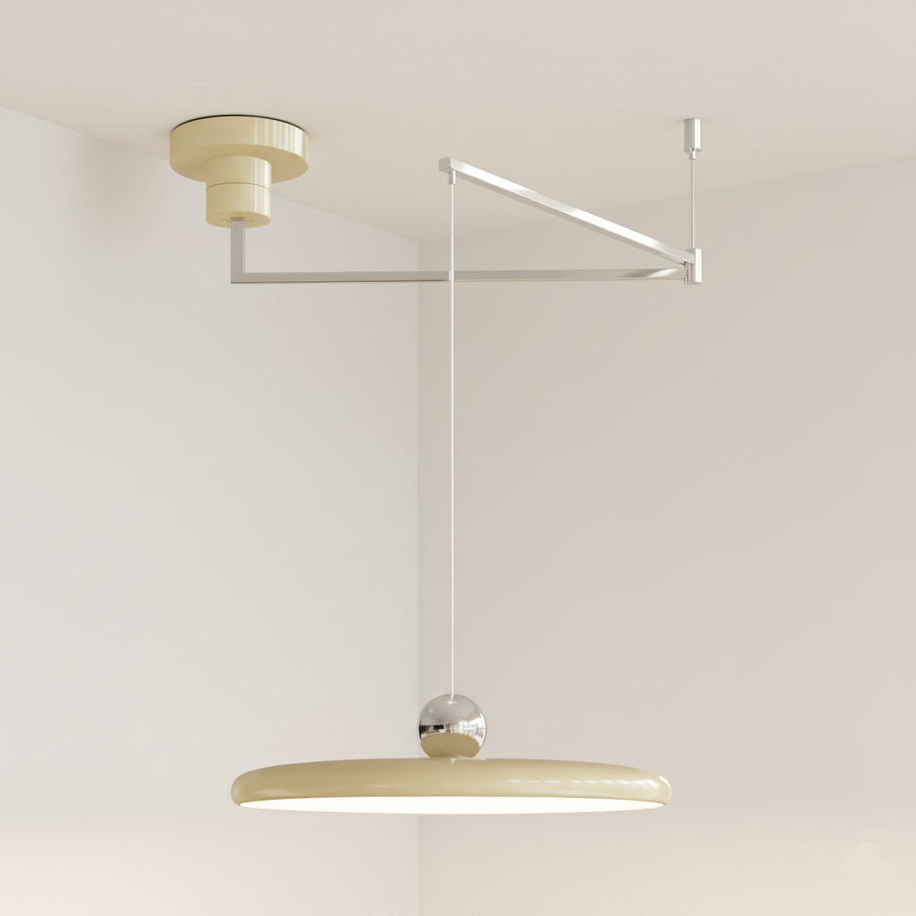 Cirra Pendant Light in soft butter cream finish with polished chrome sphere and architectural ceiling mount, highlighting the versatile mid-century aesthetic and warm ambient lighting by Domus Collective.