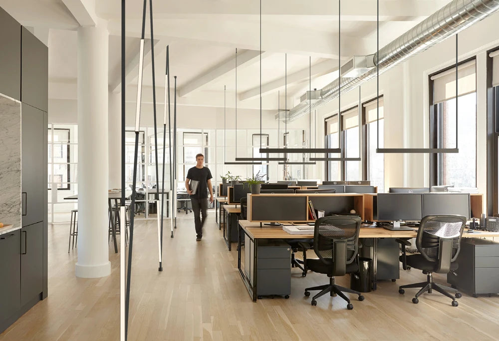 Multiple BlackBar, EmDash Suspension Lights in polished steel, their elongated linear forms cascading rhythmically across a light-filled, architecturally refined Australian open-plan workspace — consciously curated pendant lighting that elevates the modern office interior by Domus Collective.