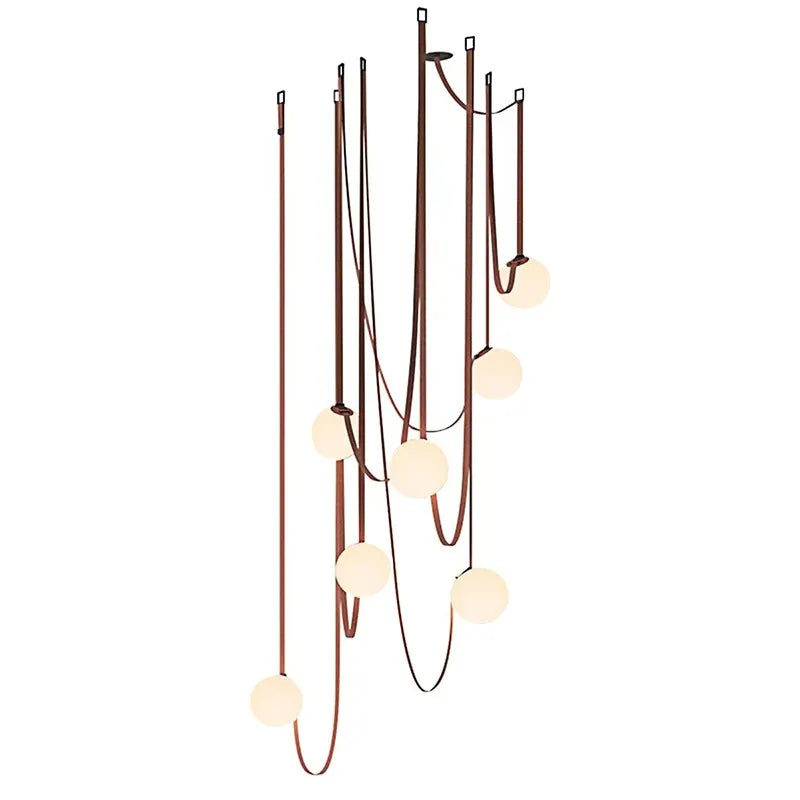 Floating Moons Pendant Light in full display showing cascading opal globes on cognac leather straps, celestial-inspired chandelier designed for airy contemporary spaces, by Domus Collective.