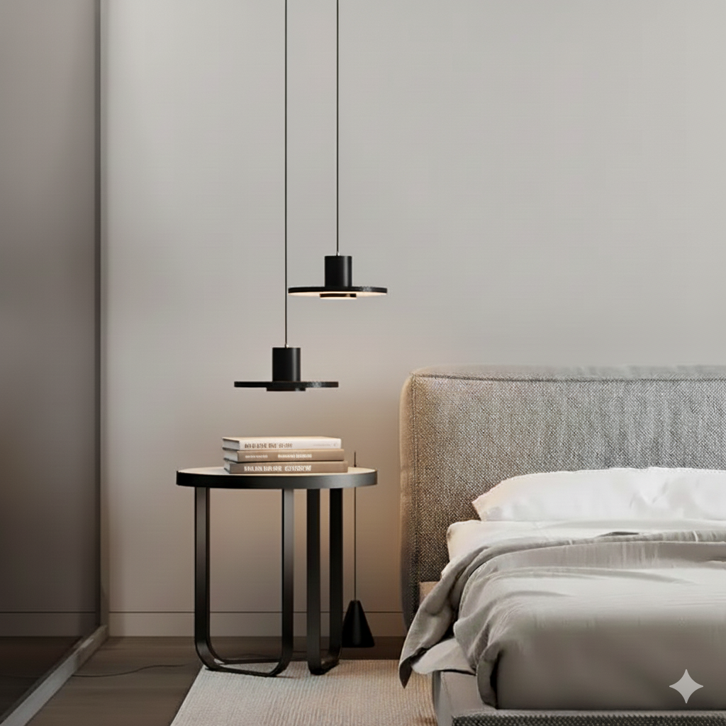 Pair of Galaxia Suspension Lights in black lava stone and metal providing intimate bedside illumination, their celestial-inspired disc forms creating atmospheric ambient glow in a contemporary bedroom.