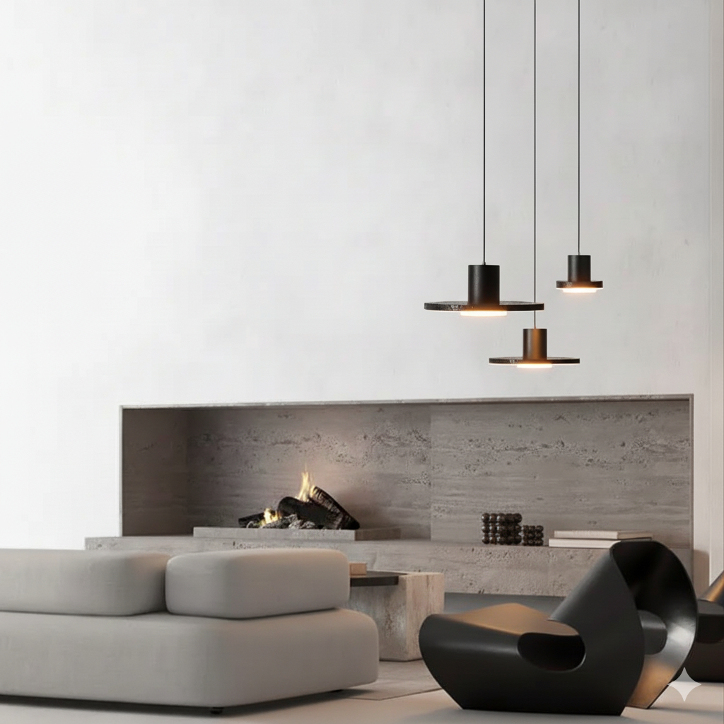 Galaxia Suspension Lights duo with porous volcanic stone discs and cylindrical metal bodies suspended above a minimalist living room with concrete fireplace, evoking cosmic elegance by Domus Collective.