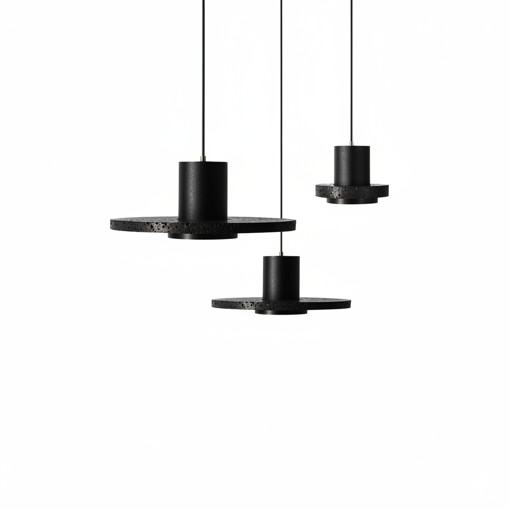 Galaxia Suspension Lights trio displayed at varying heights, demonstrating the organic volcanic stone disc texture and geometric metal construction that define this celestial-inspired pendant collection by Domus Collective.