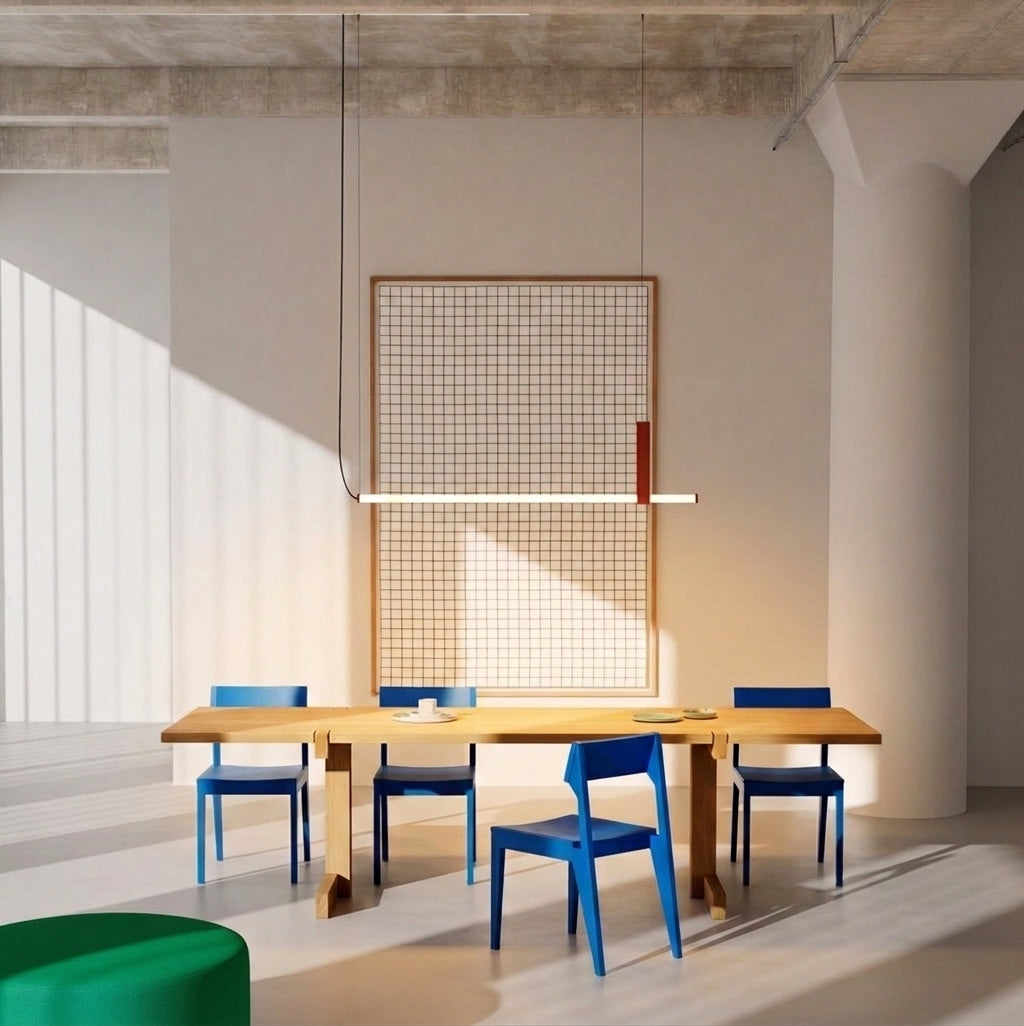 In Parallel Suspension Light in red vegan leather, a sculptural horizon of warm glow across a sunlit, colourful dining room with cobalt chairs and a long timber table, by Domus Collective.
