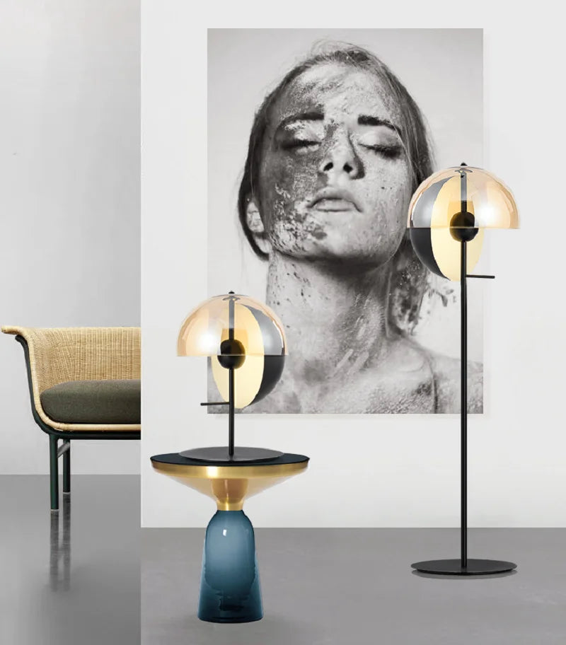 Lunar Visor table and floor lamp versions displayed together in a gallery-style contemporary interior with artistic photography, versatile designer collection by Domus Collective.