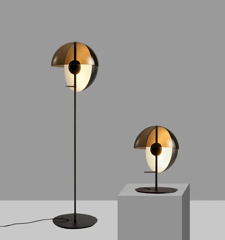 Lunar Visor Floor Lamp paired with matching table lamp displaying bronze-tinted hemispheres and cream inner diffusers, cohesive modern lighting collection by Domus Collective.