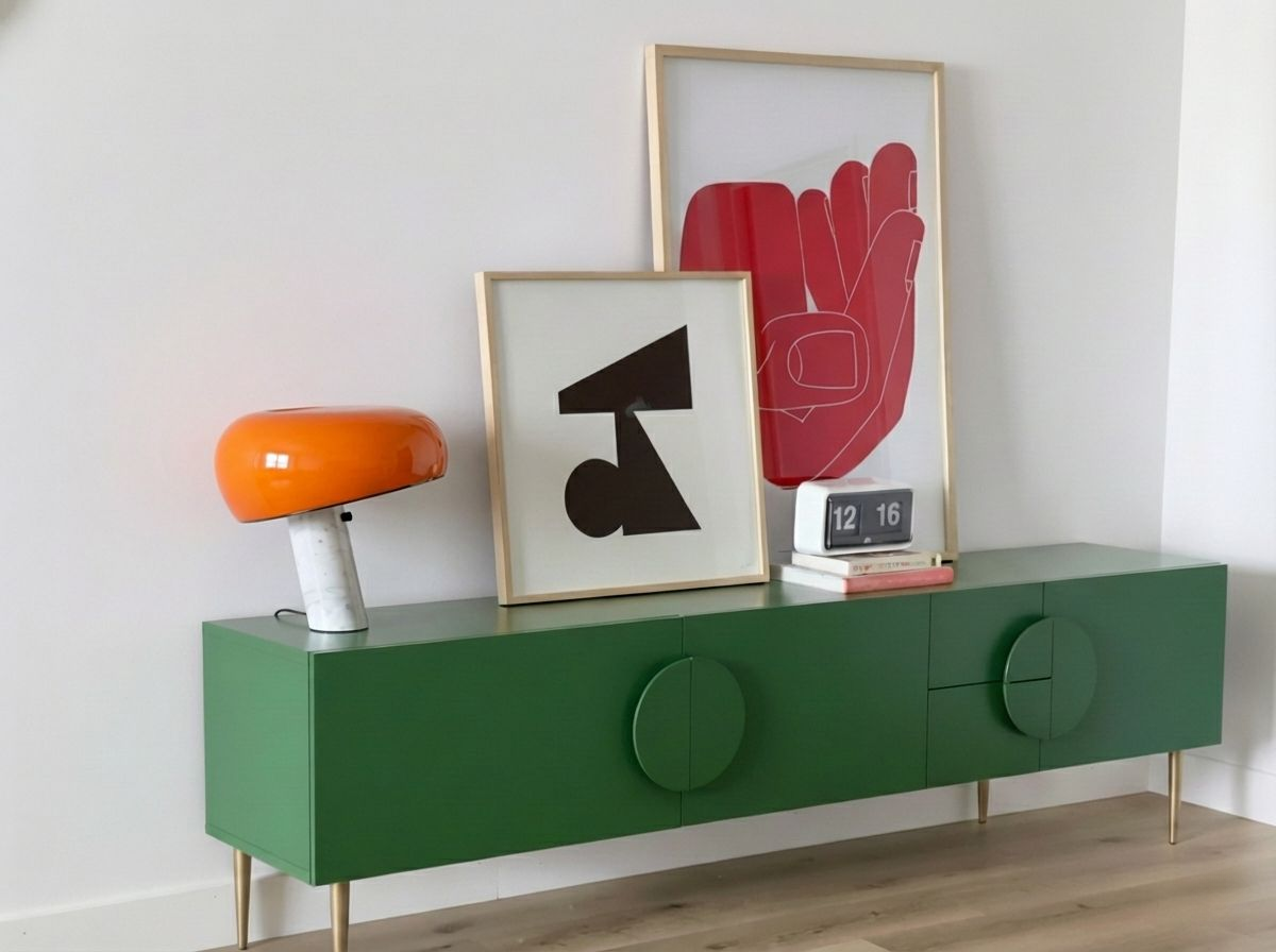 Orange Mushroom Beam Table Lamp showcasing its iconic domed silhouette and angled marble base in a colourful modern living space, statement accent lighting by Domus Collective.