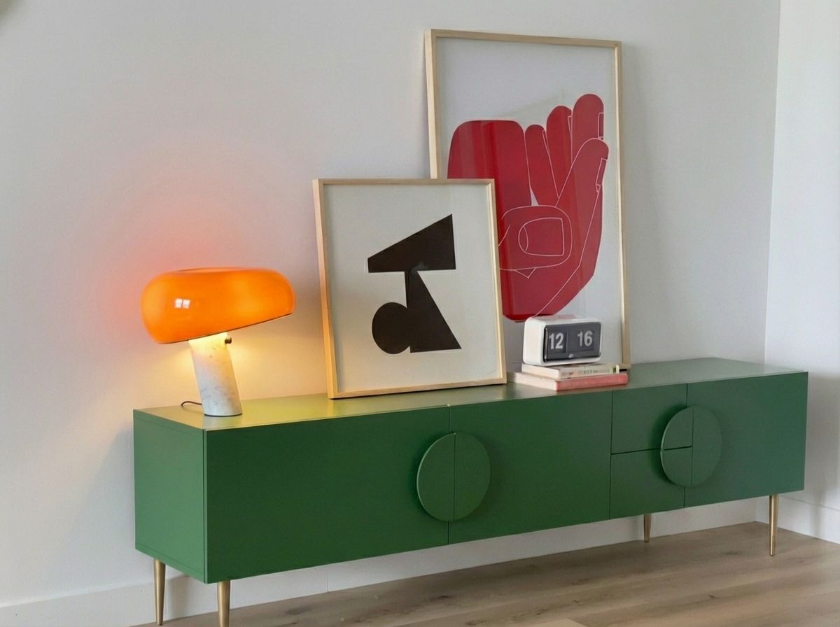 Vibrant orange Mushroom Beam Table Lamp with glowing glass shade on white marble stem atop a green mid-century credenza with graphic art prints, playful retro-inspired lighting by Domus Collective.