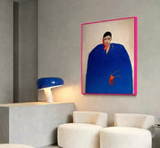 Mushroom Beam Table Lamp with glossy cobalt blue glass dome and white marble base displayed in a contemporary gallery setting with bold artwork, sculptural designer lighting by Domus Collective.