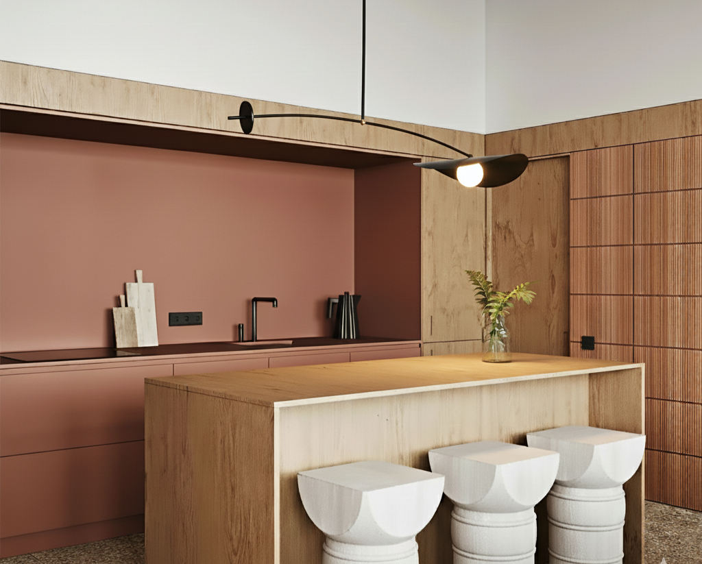 Designer pendant lighting matte black graceful arc arm and single organic shade cradling a frosted globe, the Papilla Pendant Light adds sculptural elegance to warm-toned contemporary kitchens.
