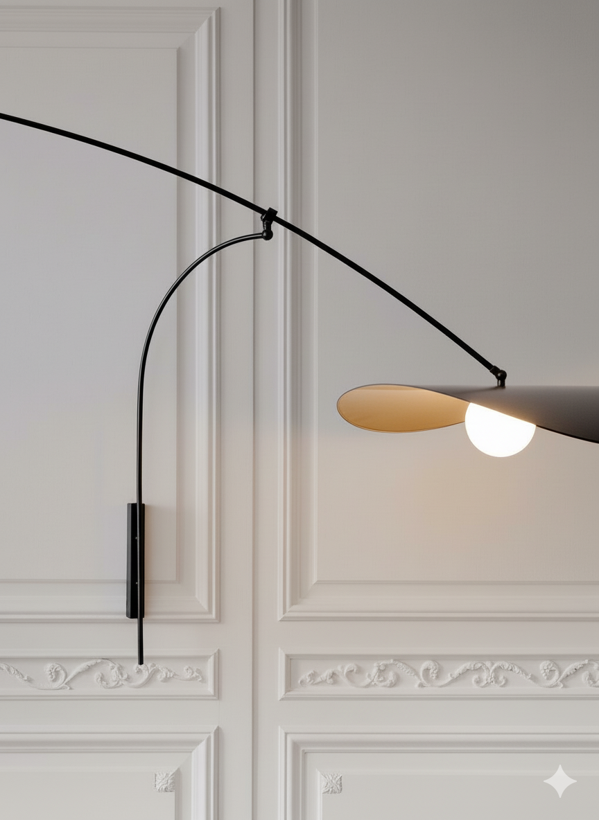 Papilla Wall Lamp mounted on classic Parisian paneled walls, its sleek black curved arm and organic shade with golden interior bridging contemporary design with traditional architecture.