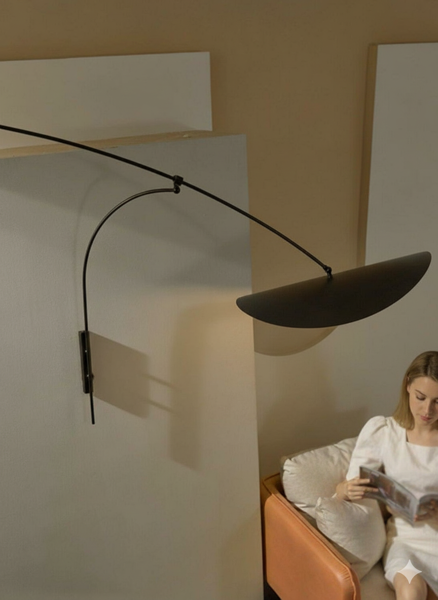 Papilla wall lamp by domus collective with a graceful arched arm and organic petal shade, the Papilla Wall Lamp delivers focused reading light while serving as a minimalist artistic statement piece.