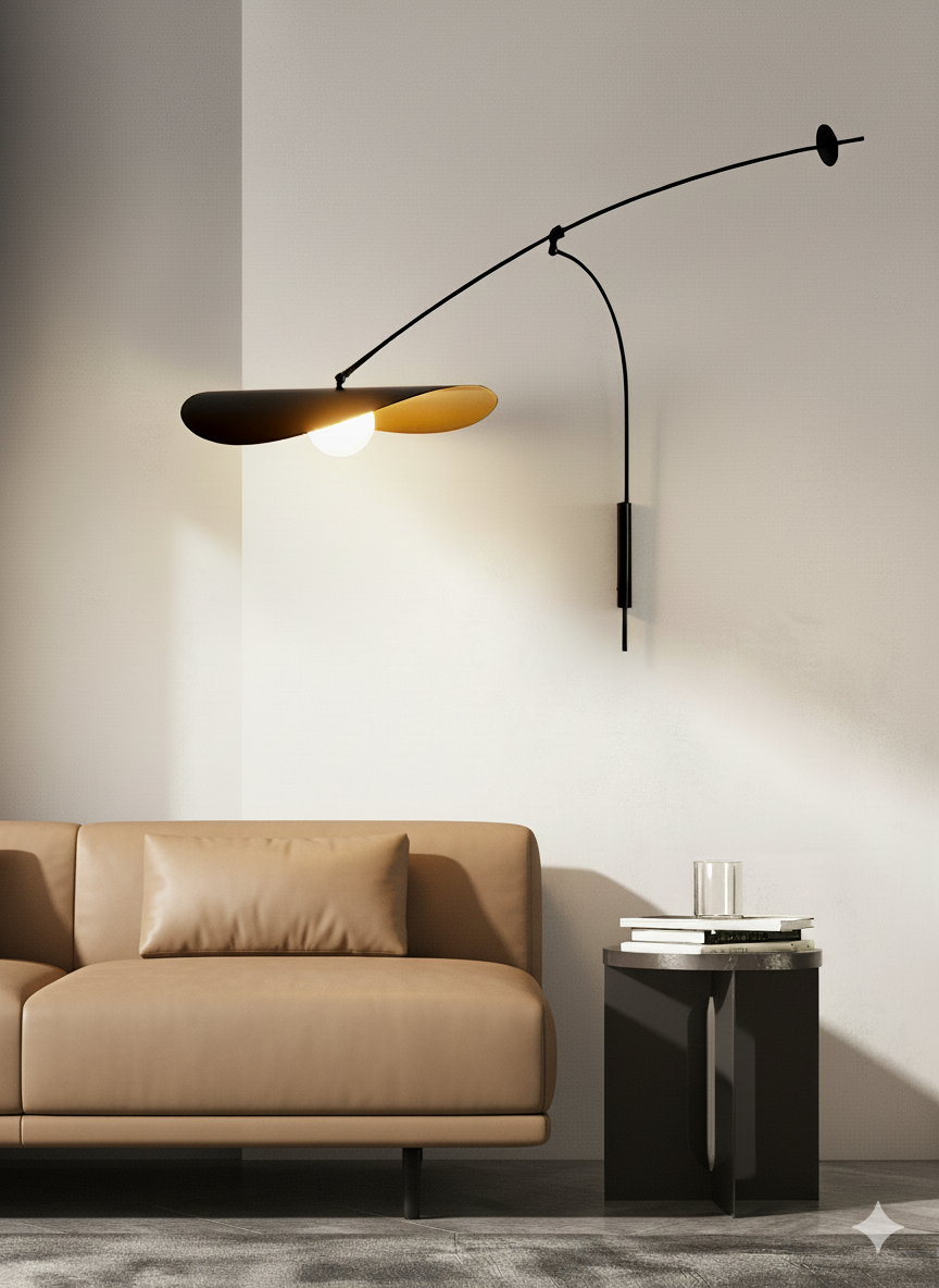Contemporary swing arm wall light featuring nature-inspired dual shade design in black with warm gold interior, the Papilla Wall Lamp anchors modern minimalist interiors with sculptural presence.
