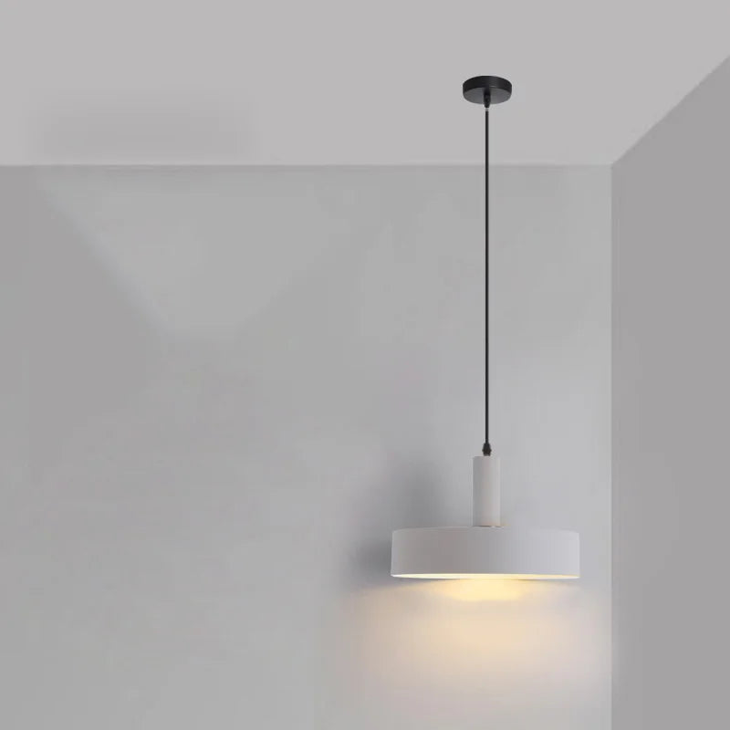 Clean soft white drum shade with cylindrical stem provides even ambient illumination, making this Pastel Rainbow Pendant Light ideal for modern workspaces, by Domus Collective.