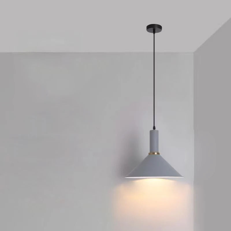 Cool gray conical shade with brass accent collar brings subtle sophistication to offices and living areas in this Pastel Rainbow Pendant Light, by Domus Collective.