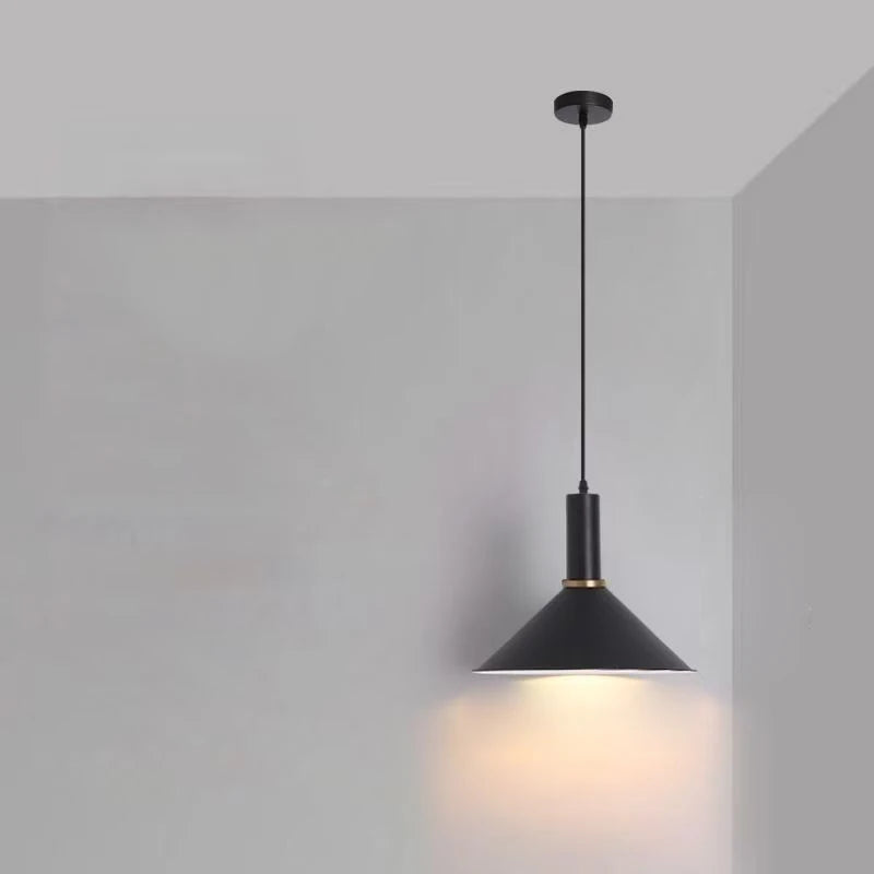 Architectural matte black cone with brass hardware adds definition to minimalist interiors in this versatile Pastel Rainbow Pendant Light, by Domus Collective.