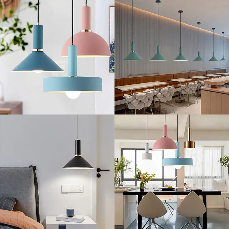 Lifestyle collage showcasing the Pastel Rainbow Pendant Light in blue, pink, teal, and black across homes, cafés, and dining rooms, demonstrating versatile colorful design options, by Domus Collective.
