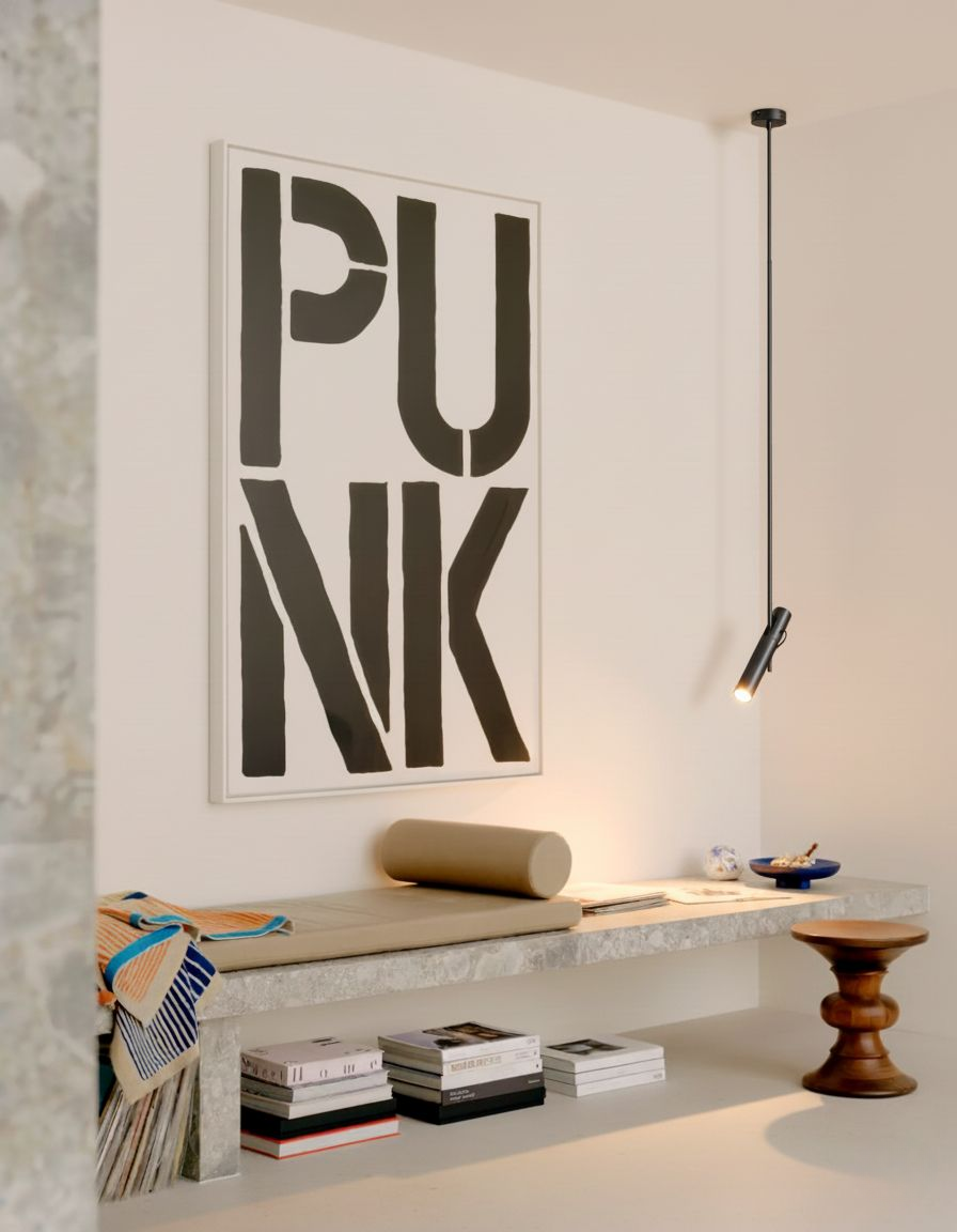 
Periscope Pendant Light in sleek black casting precise task lighting beside bold contemporary art in a characterful Australian living space by Domus Collective Editor's Picks collection.