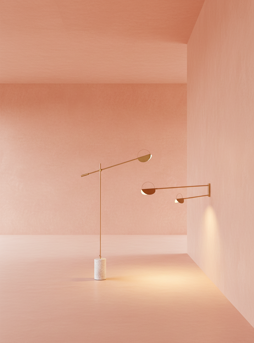 Minimalist interior with a golden floor lamp and wall lights against a pink wall.