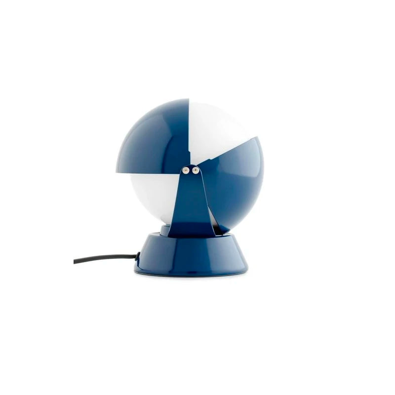 Deep navy blue PikaGlow Table Lamp with lustrous lacquered surface and adjustable spherical shade, combining retro-inspired design with soft diffused glow for sophisticated interiors, by Domus Collective.