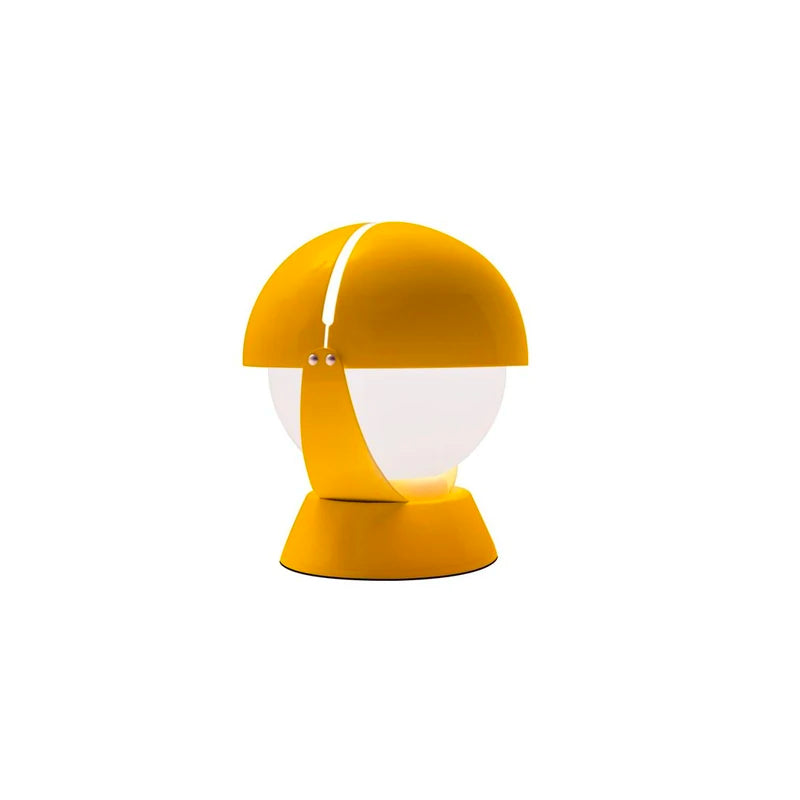 Sunny yellow PikaGlow Table Lamp featuring glossy lacquered metal shell with adjustable positioning, its warm frosted globe illumination perfect for adding whimsy and comfort to any room.