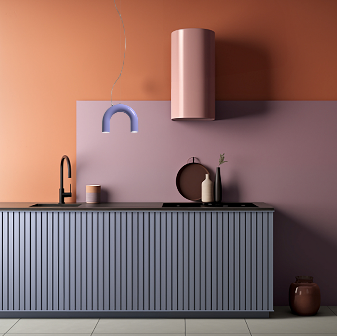 Soft lavender Rhythmic Arch Pendant Light with organic tubular form adding playful character to a colour-blocked modern kitchen, Domus Collective Colour Me Baby collection
