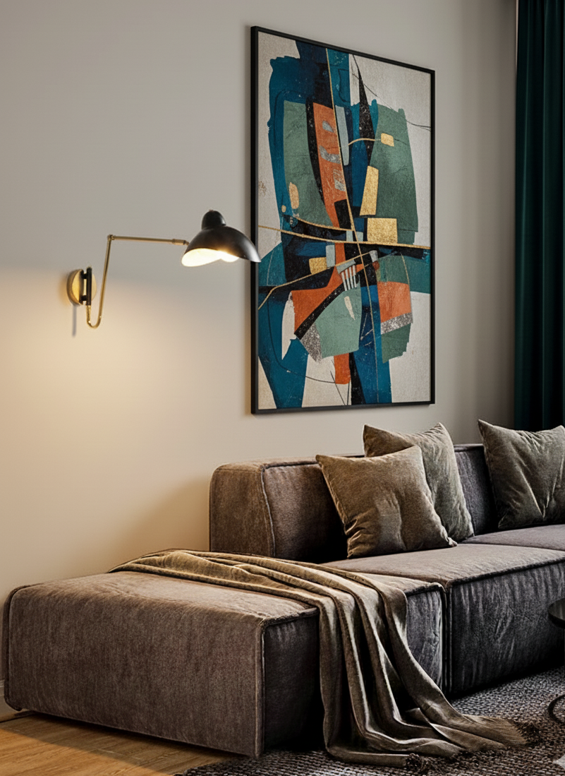 Solar Beam Wall Lamp in black and gold finish with sculptural shade and articulating brass arm, mid-century inspired wall sconce adding ambient elegance to contemporary living rooms, by Domus Collective.
