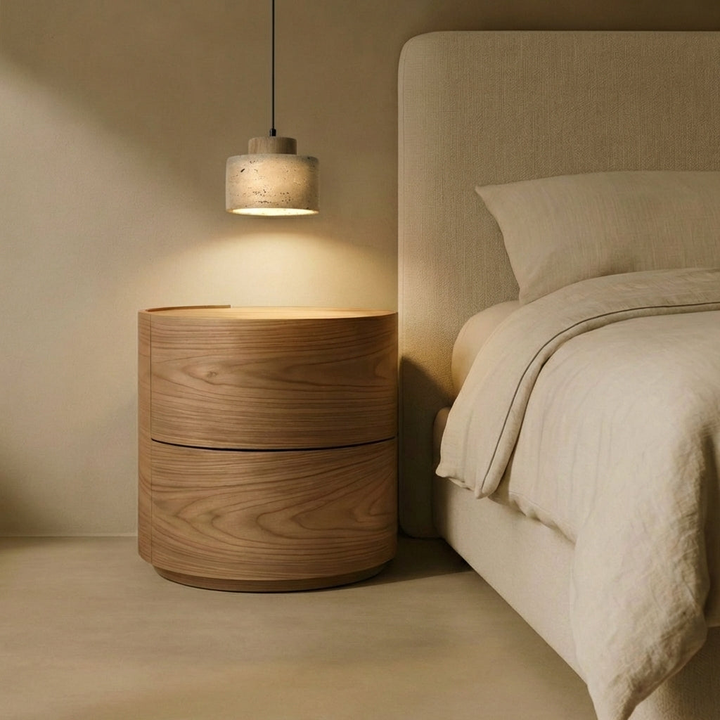 Short oak Stone Cylinder Pendant Lamp in natural travertine with light wood cap, casting warm downward illumination beside a curved oak nightstand for serene bedroom ambiance, by Domus Collective.