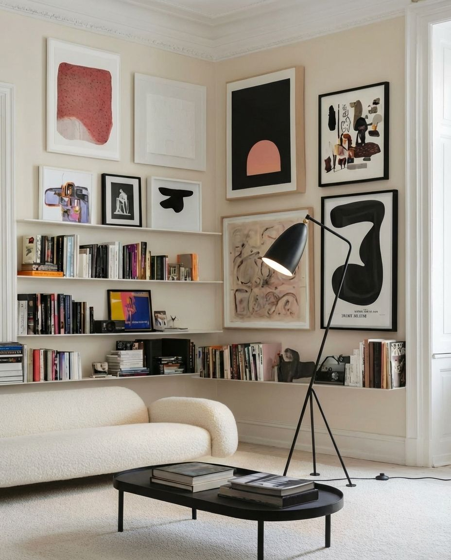 The Long Neck Floor Lamp in black with sophisticated architectural form anchoring a characterful living space with curated art collection,by Domus Collective statement piece, soulful sculptural lighting for elevated living.