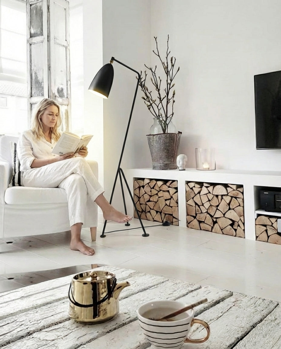 The Long Neck Floor Lamp in black providing directional task lighting for reading, its architectural metallic finish transforming a contemporary Australian living space,by Domus Collective Colour Me Baby collection, built to last.