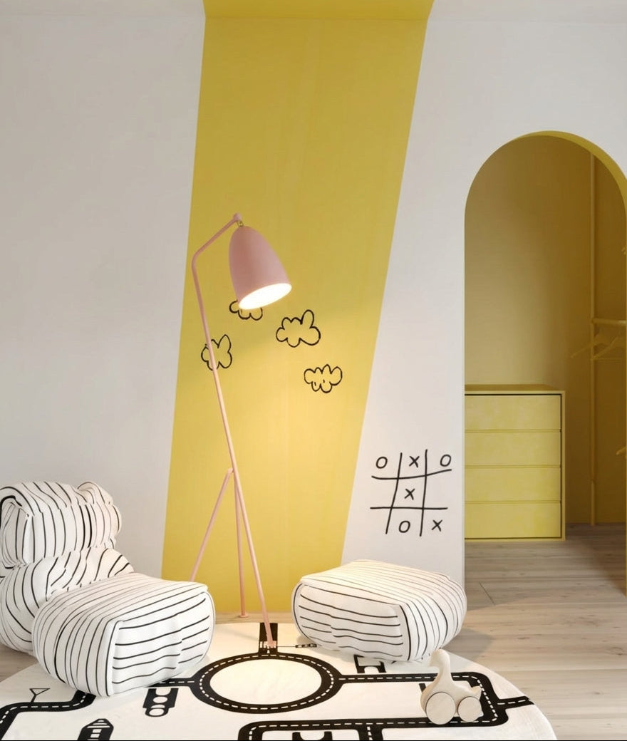 The Long Neck Floor Lamp in pink with organic sculptural form creating playful ambient glow in a children's sanctuary by Domus Collective curated lighting, aspirational but accessible design for elevated living.