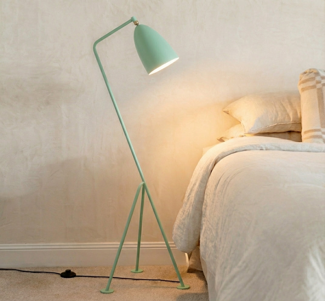 The Long Neck Floor Lamp in green with characterful organic form creating soulful ambient lighting in a contemporary bedroom by Domus Collective Colour Me Baby collection, sustainable design for Australian homes.