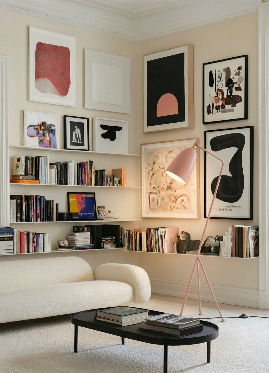 The Long Neck Floor Lamp in dusty pink with elegant tripod base bringing lived-in beauty to an art-filled Australian living room,by Domus Collective Colour Me Baby collection, consciously curated timeless design.