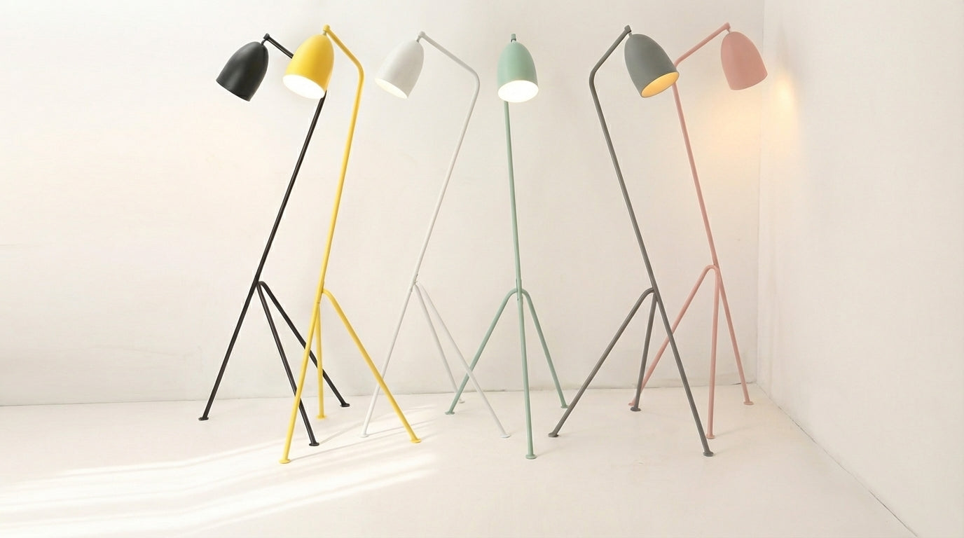 The Long Neck Floor Lamps complete colour collection,in black, yellow, white, pastel green, grey, and pink,showcasing sculptural organic form across the range,by Domus Collective Colour Me Baby collection, enduring quality.