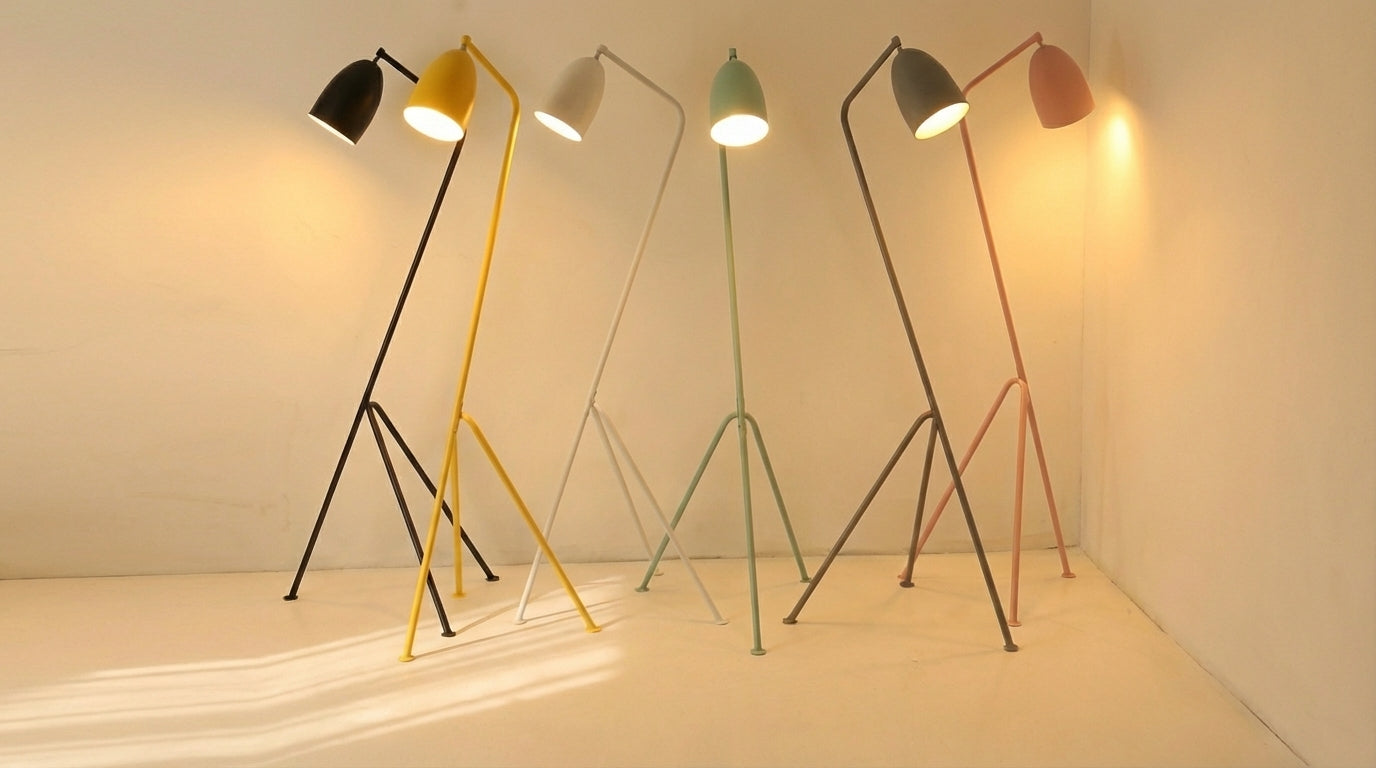 The Long Neck Floor Lamps full colour range with warm metallic finish creating ambient glow, demonstrating the lamp's distinctive flamingo-inspired silhouette,by Domus Collective curated floor lighting, transforming Australian interiors.