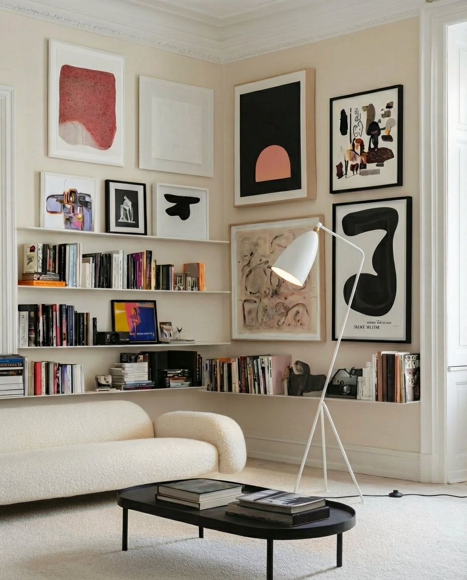 The Long Neck Floor Lamp in white with distinctive asymmetric form, bringing characterful warmth to a sophisticated reading corner with curated gallery wall by Domus Collective floor lamp,soulful sculptural lighting.