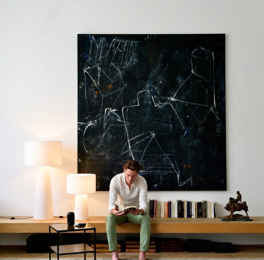 Person sitting on a bench in a room with a large abstract painting on the wall and two Tower Glow Floor and table Lamps from Domus Collective
