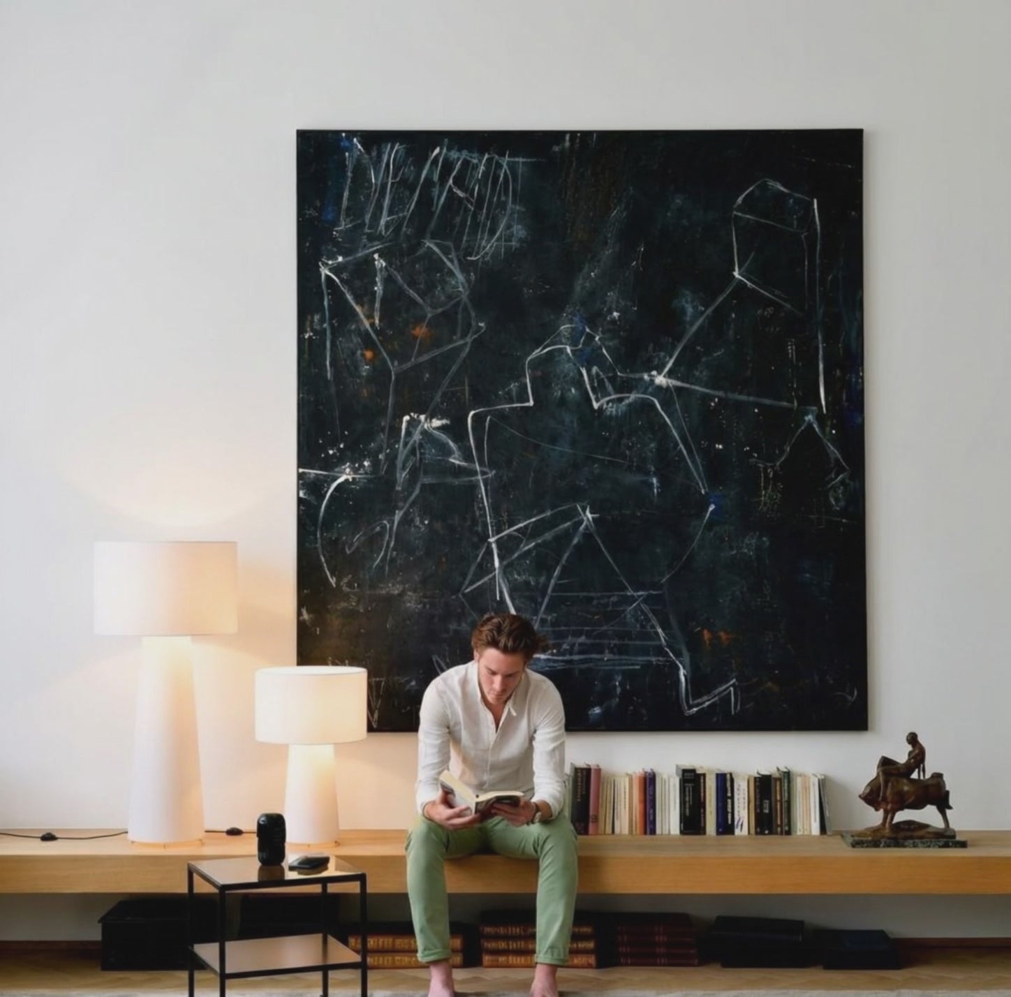 Load video: Person sitting on a bench in a contemporaty room with a large abstract painting on the wall and two Tower Glow Floor &amp;  Table Lamps from Domus Collective